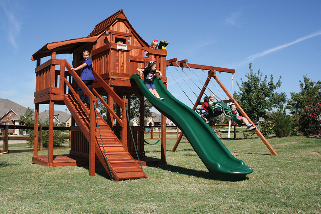 mustang, ramp, cabin, rock wall, wooden swing set, swing set, swings, slide, swing set for kids, kids, children, play, playground, playset, sets, accessories, backyard swing set