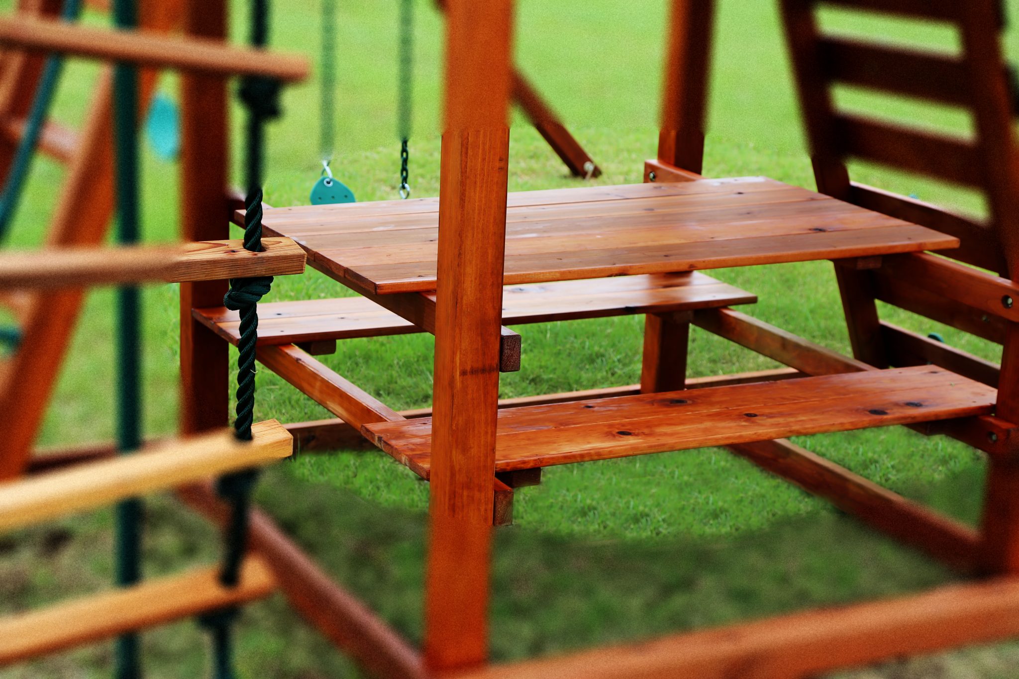 little kids built in picnic table on outdoor redwood wooden swing set