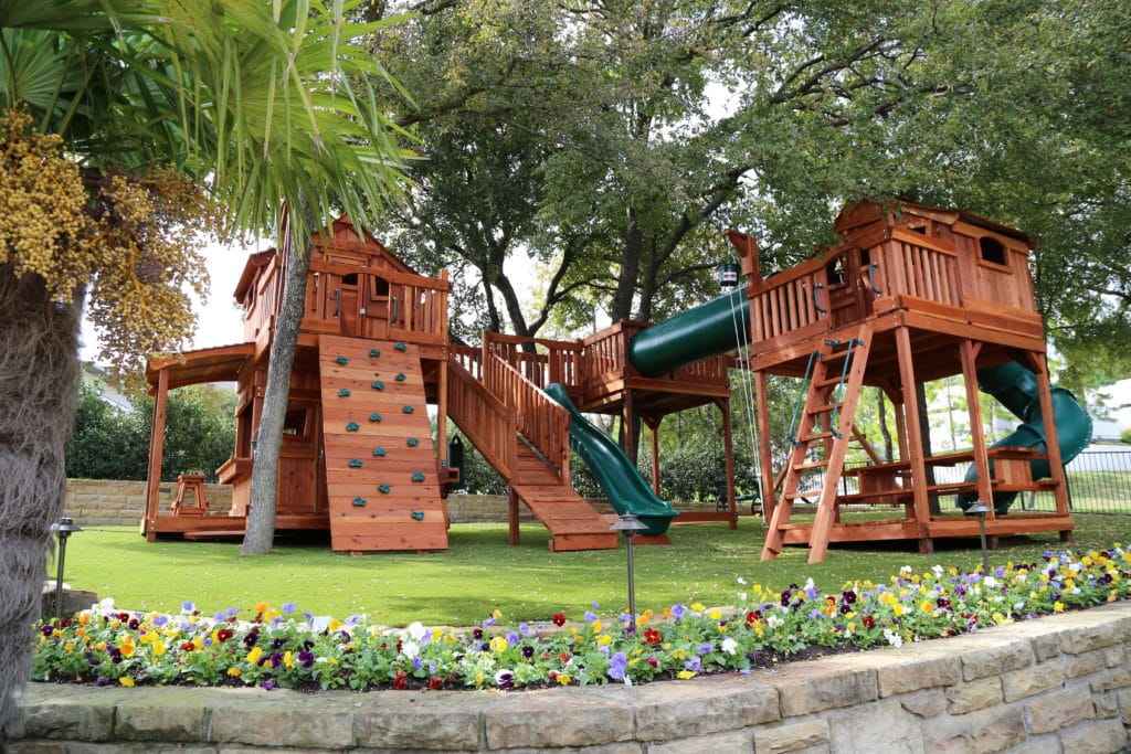 swing set 7' height, bridged redwood swingset with two fort stockton playsets, crawl tube and open slide