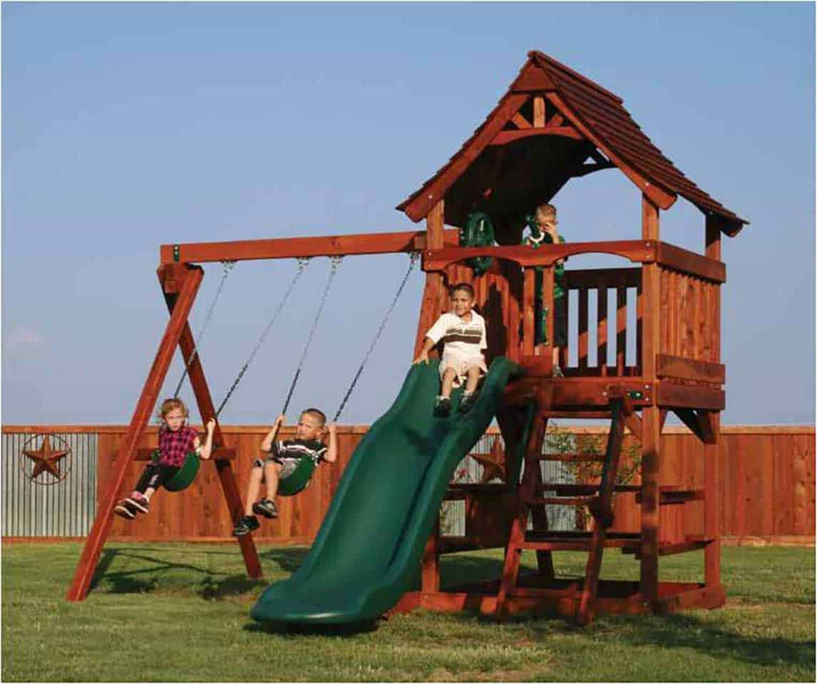 hudson oaks texas, redwood swing set by height, fun shack 5 foot swing set with 2 swing positions, slide, and picnic table