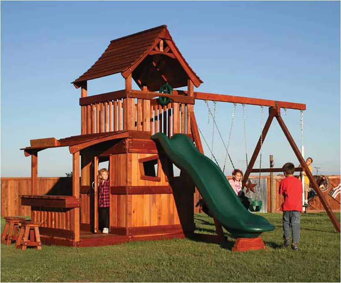 maverick swing set lower porch on 6 foot deck height with lower cabin and covered porch, slide, swings