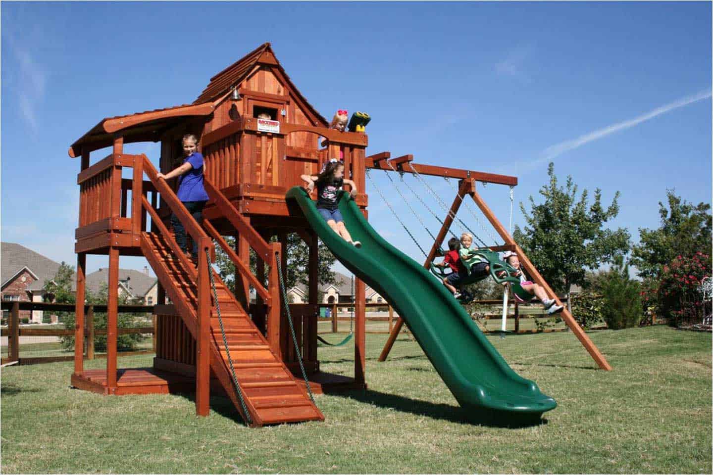 mustang swing set, ramp, cabin, wooden swing set, swing set, swings, slide, swing set for kids, kids, children, play, playground, playset, sets, accessories, backyard swing set