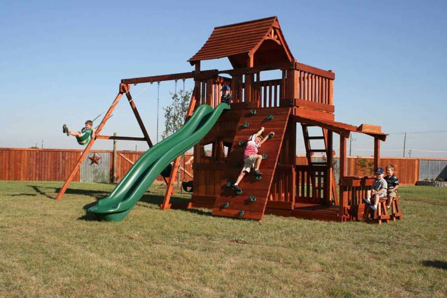 mustang swing set, cabin, rock wall, extended porch, lemonade, wooden swing set, swing set, swings, slide, swing set for kids, kids, children, play, playground, playset, sets, accessories, backyard swing set