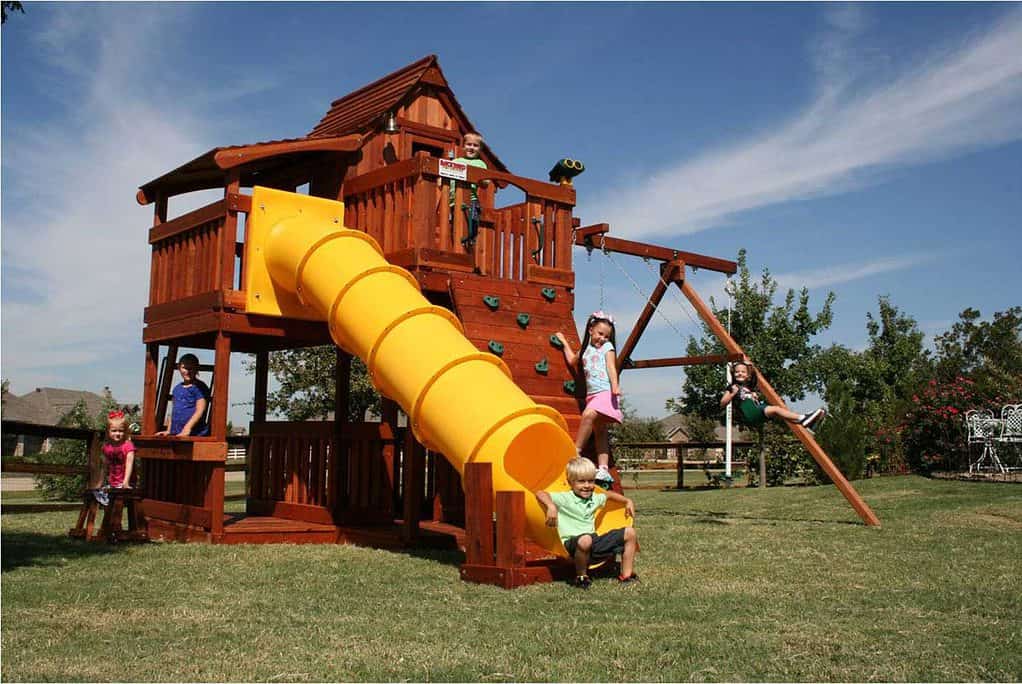 Mustang playset, tube slide, cabin, rock wall, lemonade, wooden swing set, swing set, swings, slide, swing set for kids, kids, children, play, playground, playset, sets, accessories, backyard swing set