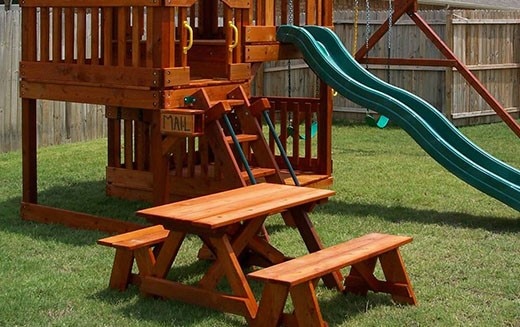 childs picnic table, detached benches, benches, separate benches, redwood picnic table,