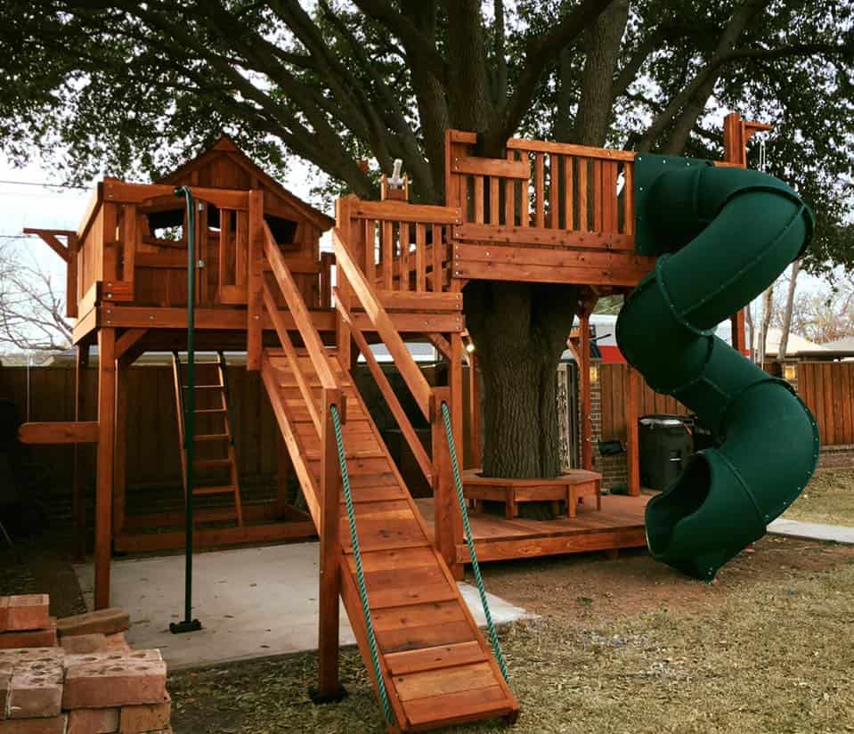 swing set flower mound, kids forts with tree deck with redwood playset and slides