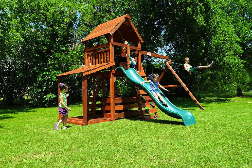 Wrangler, lower porch, lower corral, deck ladder, wonder wave slide, slatted rock wall, belt swings, trapeze bar