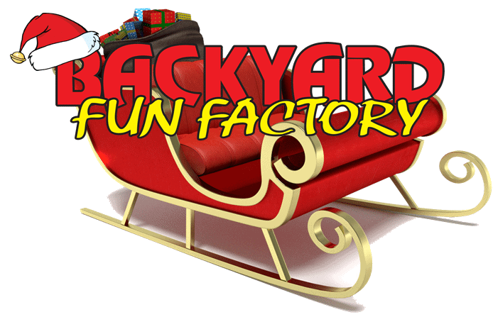 santas sleigh with backyard fun factory logo and santa hat