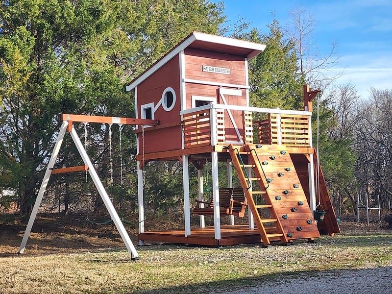 swing set Justin, Texas, 76247, childrens modern design playset with barn red walls and white trim
