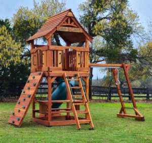 wooden swing sets, Maverick swing set with monkey bars spiral slide and picnic table