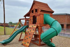 highland village, texas, maverick playset with upper cabin and swings 6 foot deck height