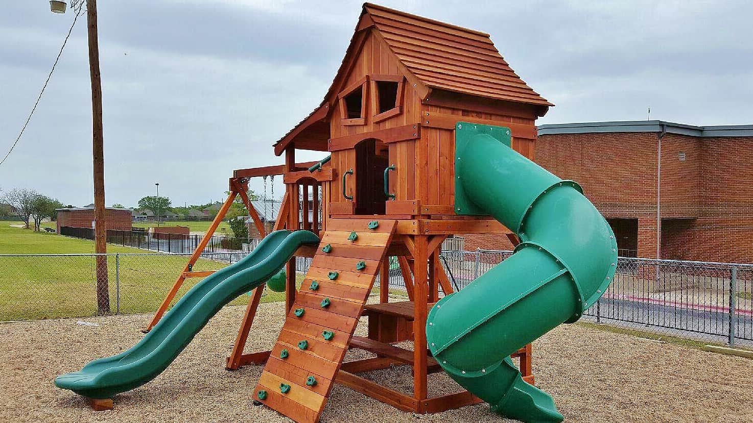 highland village, texas, maverick playset with upper cabin and swings 6 foot deck height