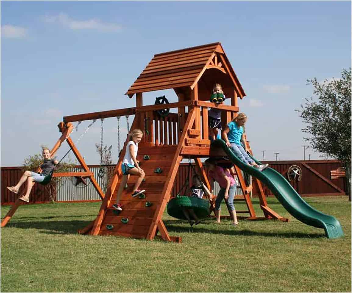 angle leg playset fort concho, five foot deck height with tire swing under the deck