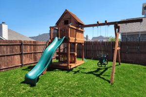 Haslet, texas, fort davis upper cabin playset has five and half foot deck height, fun deck and swings