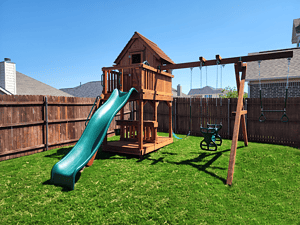 Haslet, texas, fort davis upper cabin playset has five and half foot deck height, fun deck and swings