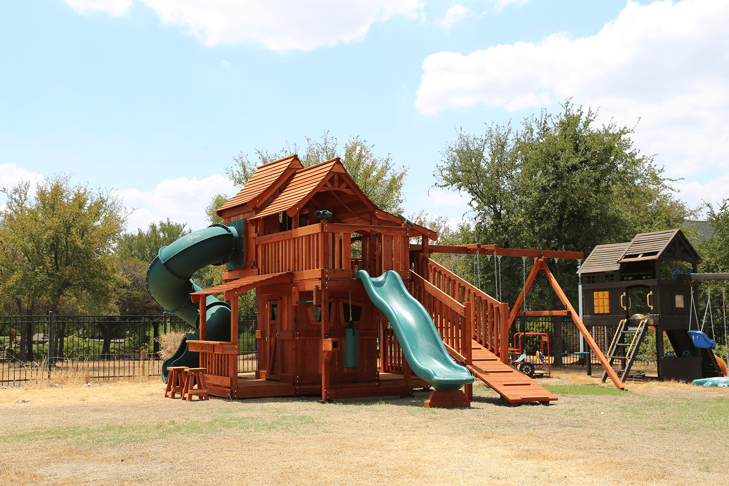 southlake, maverick swing set with multiple levels ranging from five foot, six foot and seven foot deck heights redwood outdoor kids huge playset