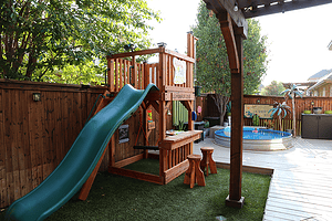 Bartonville, Texas, Micro-backyard playset with slide, upper deck, tree mail and tic tac toe