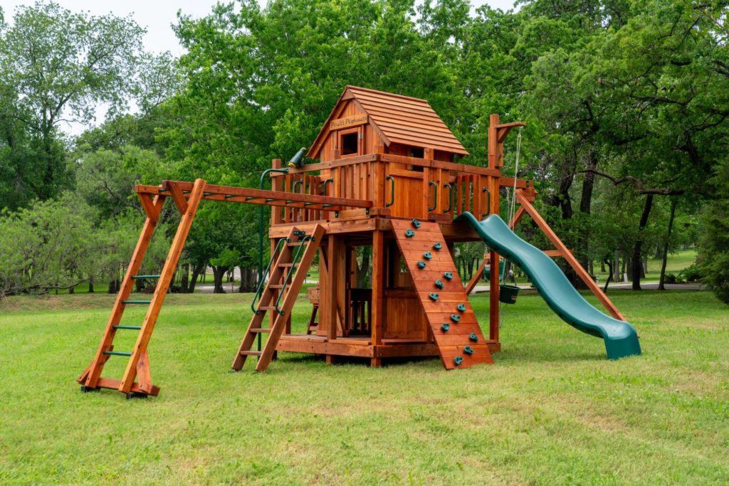 An expansive Backyard Fun Factory playset with multiple attachments, promoting muscle growth through active play.