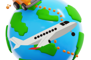 A car and a plane going around the world A cartoon of a plane and a car on the earth