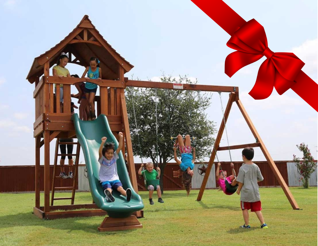 Children playing joyfully on a Backyard Fun Factory playset.