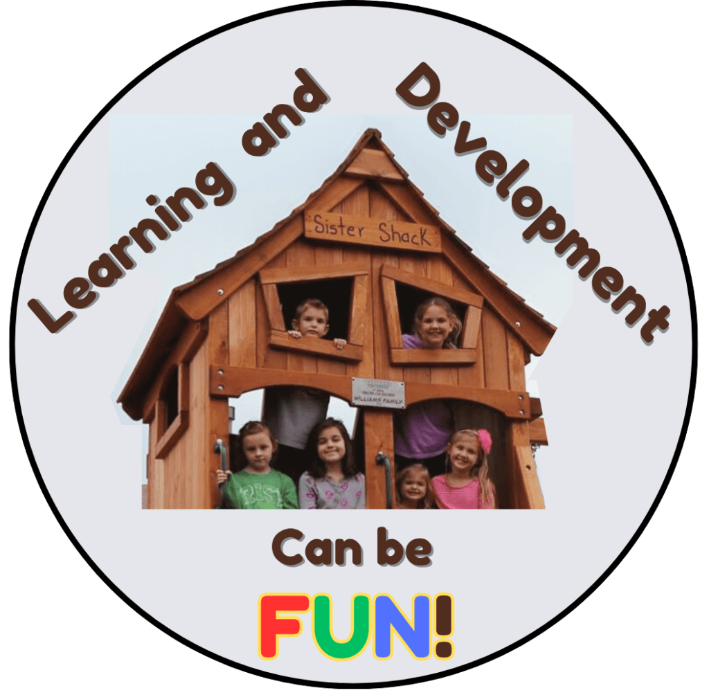 Children smiling looking out the fort of their Backyard Fun Factory playset to promote how learning and development can be fun.