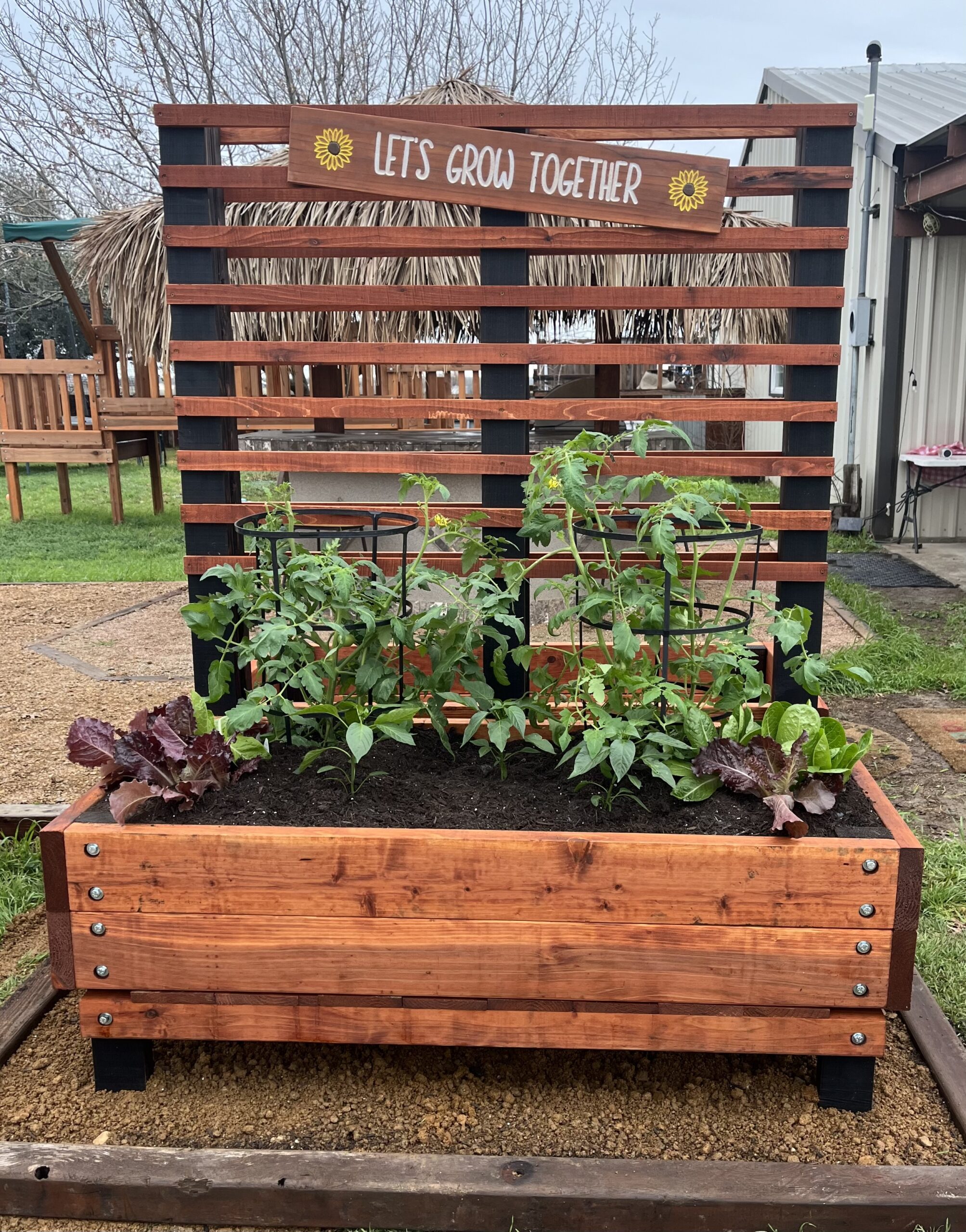 redwood planter box with trellis, flower box, garden trellis