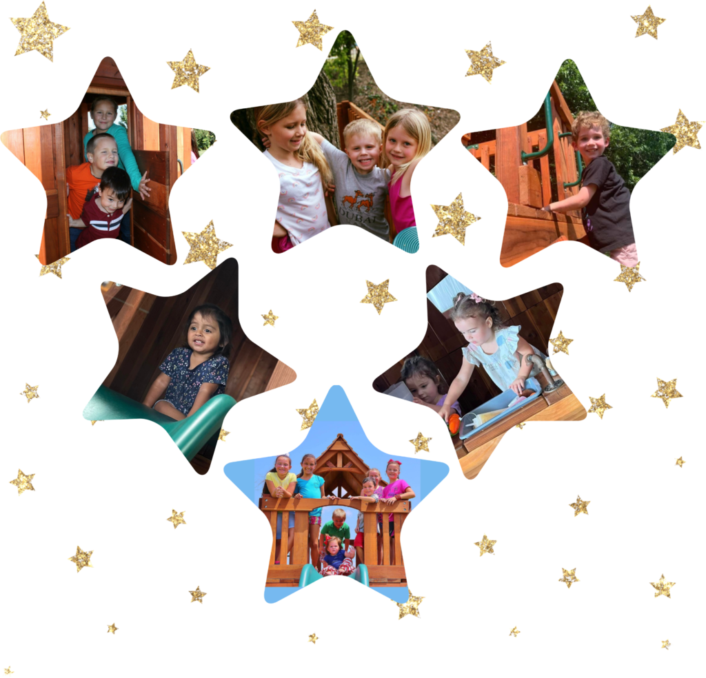 Six stars portraying close-up photos of smiling children playing on Backyard Fun Factory playsets.