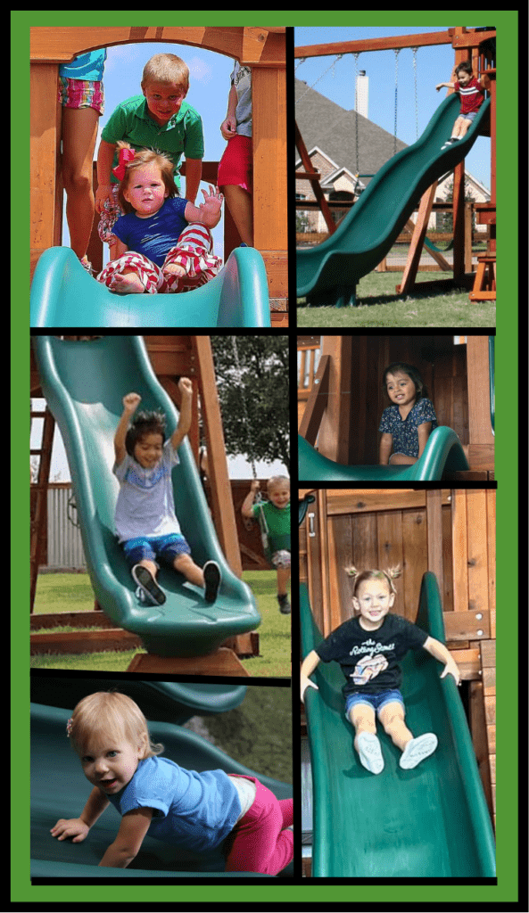 A collage of joyous children sliding down several types of Backyard Fun Factory slides.