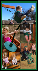 Close-ups of children swinging on a variety of different types of swings from Backyard Fun Factory.