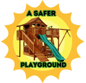 A 2-toned sun with a Backyard Fun Factory playset on top with the words on top and bottom "A Safer Playground".