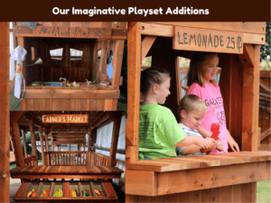 A Backyard Fun Factory Lemonade stand, a Mud Pie Kitchen and a Farmer's Market addition are shown under the words Our Imaginative Playset Additions.