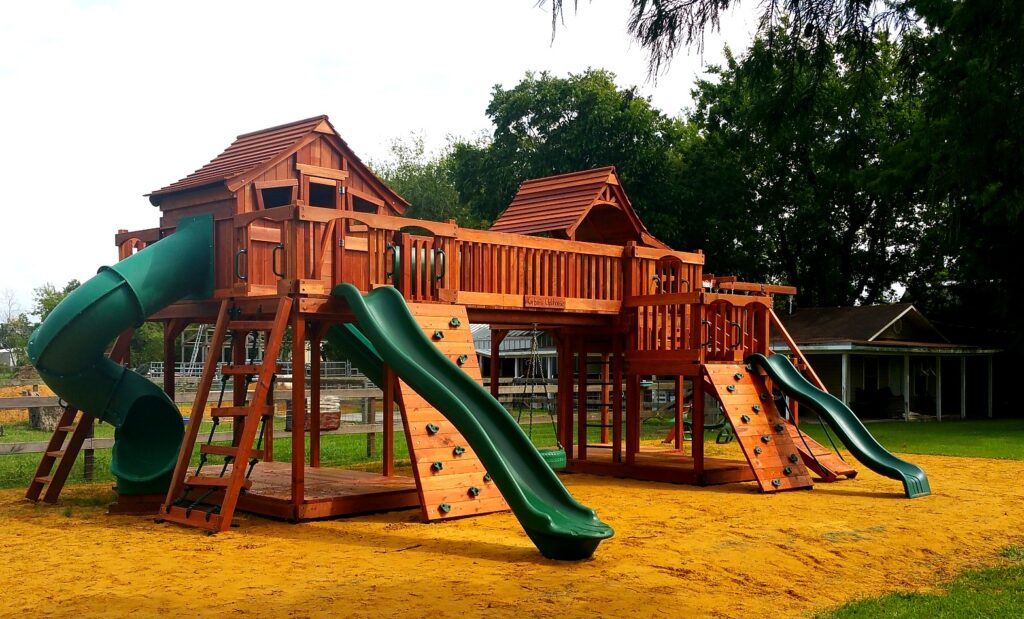 Backyard playsets bring the kids out for fun fall games and activities.