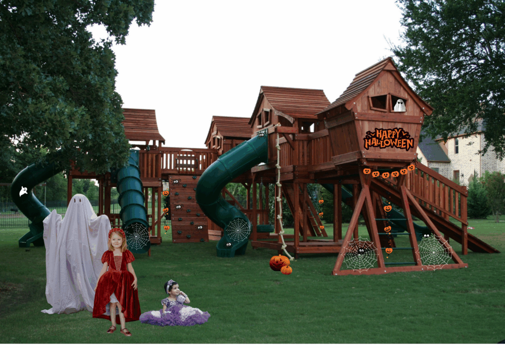 Decorating your backyard playset for Halloween is a fun activity for the family.