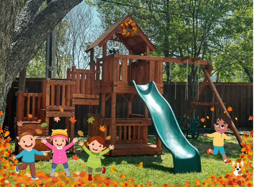 Kids having backyard playset Fall fun.
