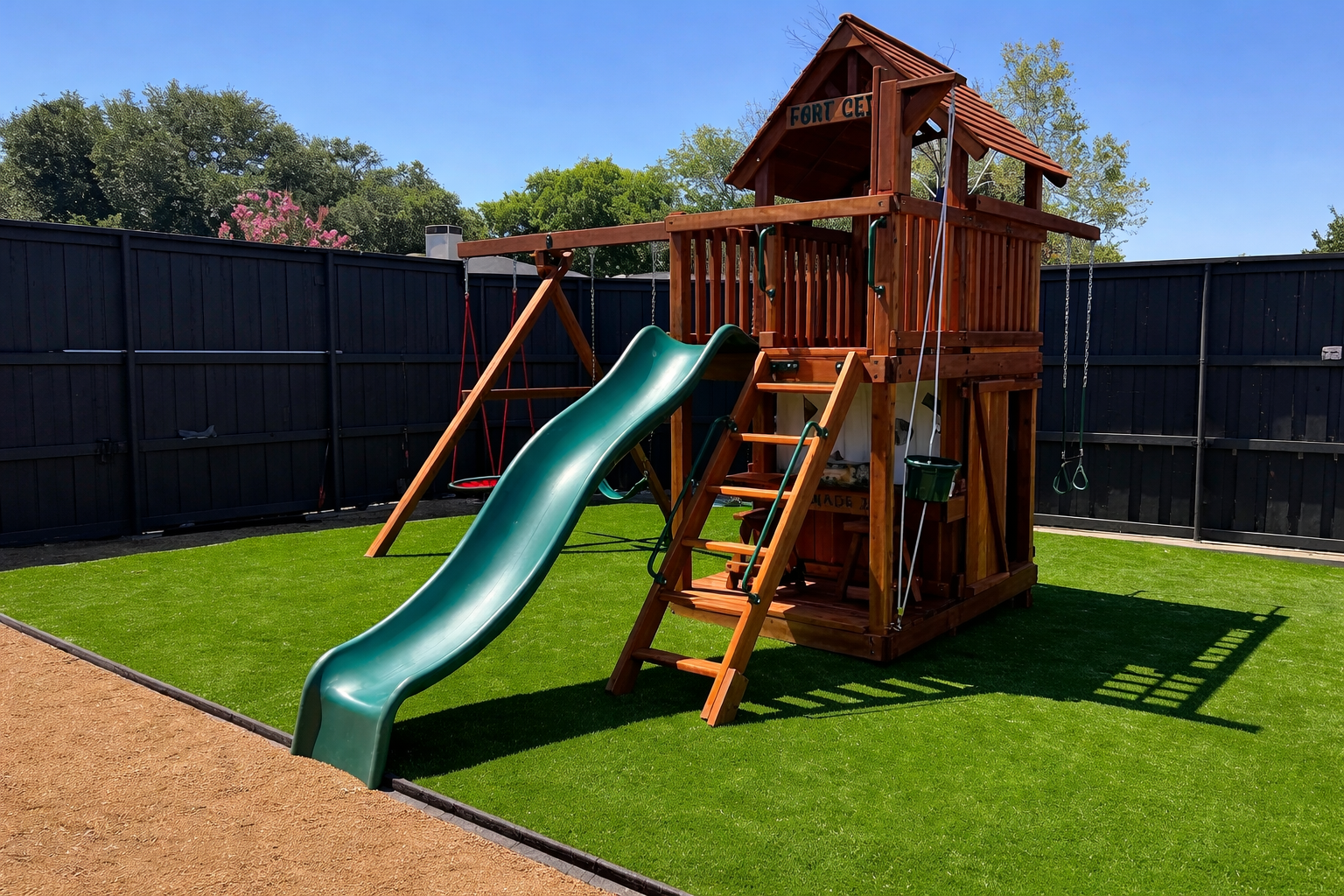 Fort Davis swing set with fun deck, slide, swings, lower cabin, puppet theatre