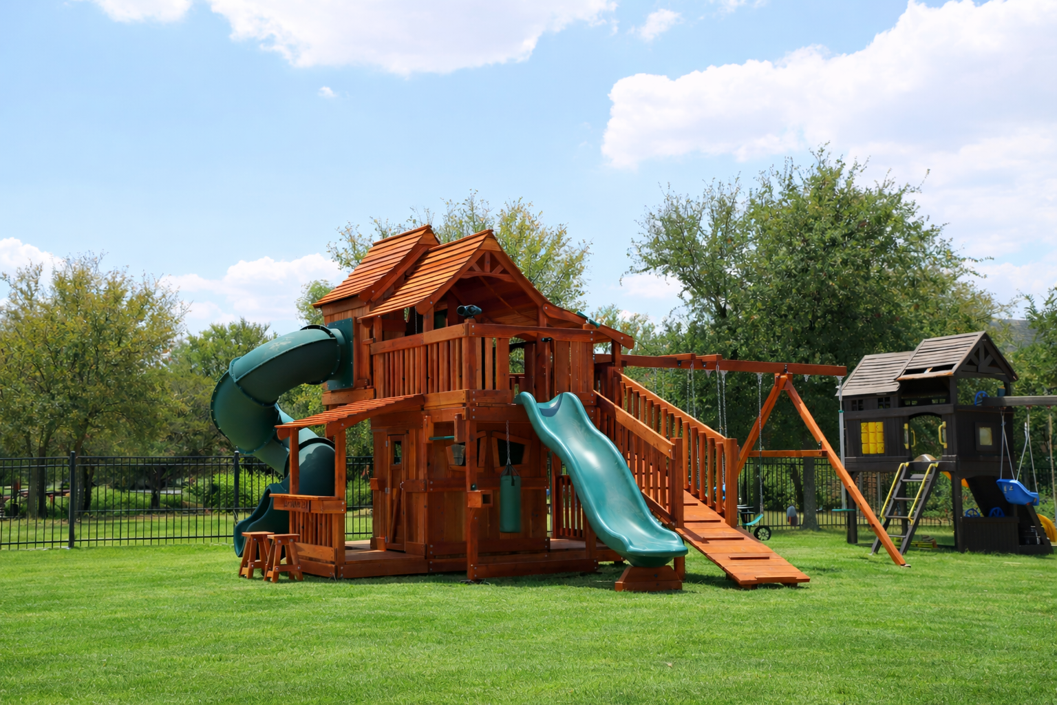 southlake, maverick swing set with multiple levels ranging from five foot, six foot and seven foot deck heights redwood outdoor kids huge playset