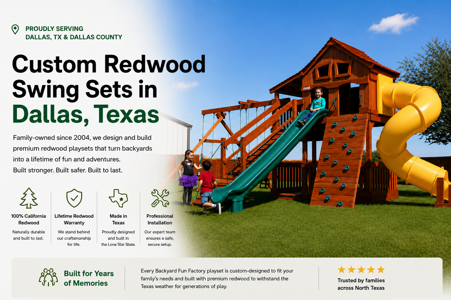 Custom redwood swing set in Dallas, Texas featuring a tower playhouse, tube slide, climbing wall, swings, and professional installation for families throughout Dallas County.