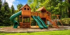 A beautiful redwood bridged playset in spacious backyard in North Texas.