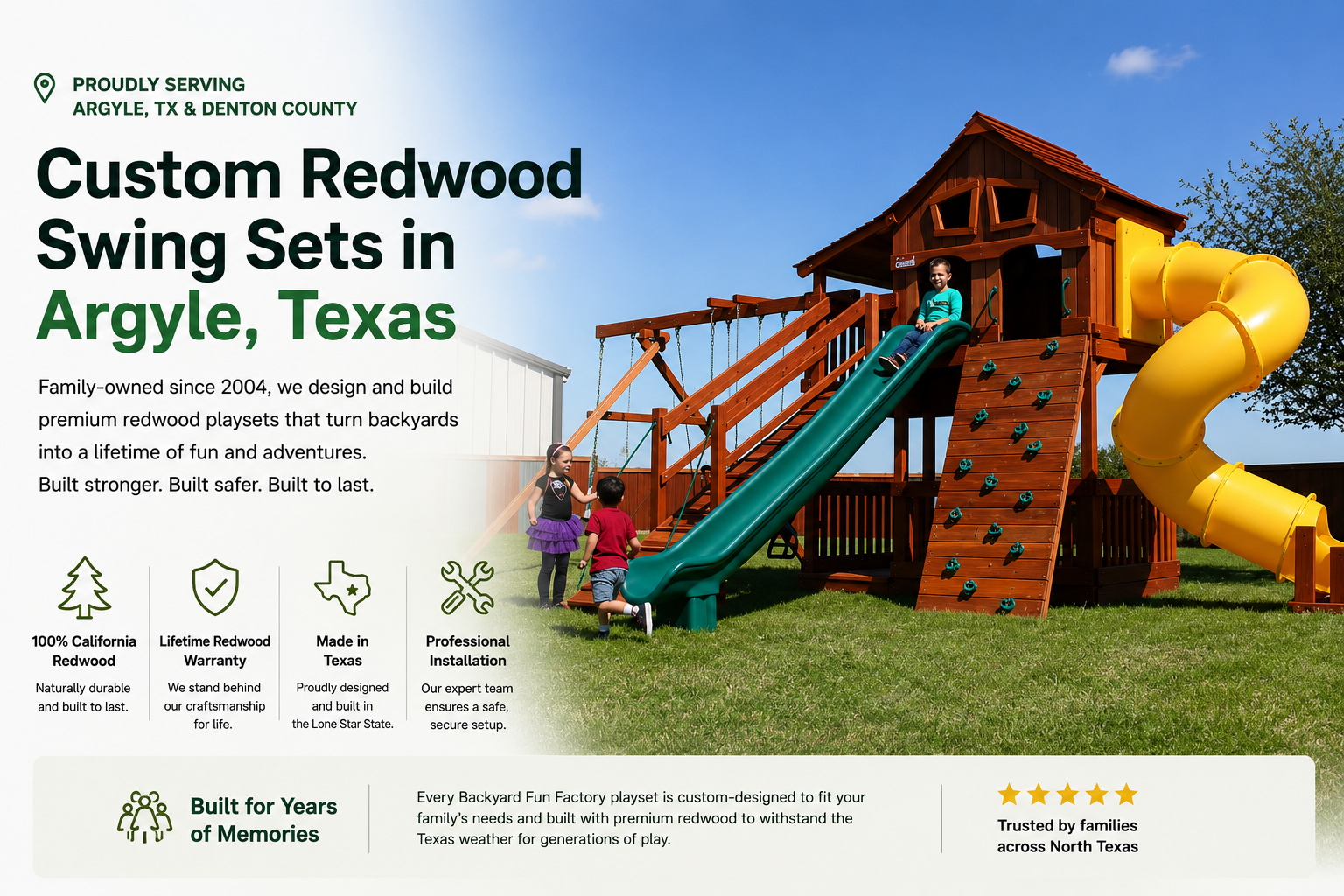 Backyard Fun Factory custom redwood swing set in Argyle, Texas with upper clubhouse, spiral slide, wave slide, rock wall, swing beam, and lower picnic area. Family-owned Texas playset manufacturer serving Argyle, Denton County, Flower Mound, Lantana, Bartonville, and surrounding North Texas communities with handcrafted wooden playsets and professional installation.