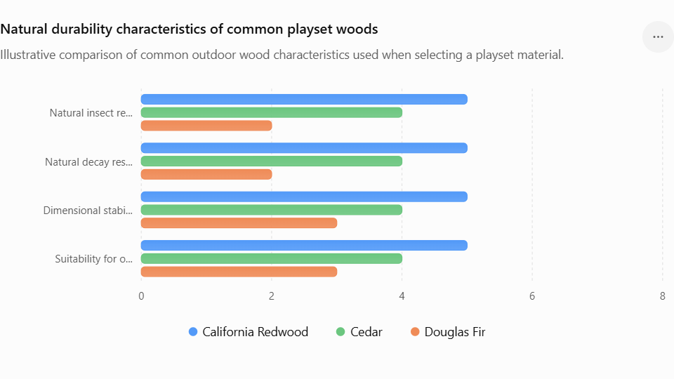 Chart comparing California redwood, cedar, and Douglas fir for backyard swing sets. California redwood provides the strongest combination of natural insect resistance, decay resistance, dimensional stability, and outdoor durability, making it a preferred material for custom playsets built for Texas weather by Backyard Fun Factory.