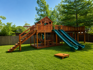 Large redwood playset sitting beautifully in a lovely backyard.