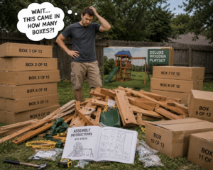 A confused father looks onto his yard stacked with playset boxes and confusing directions.