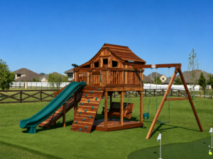 Custom California redwood Fort Stockton swing set by Backyard Fun Factory featuring an upper cabin, rock wall, wave slide, adult porch swing, belt swing, and professional installation for families throughout North Texas.