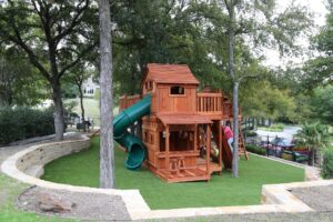 An incredible Backyard Fun Factory playset created for children to play upon safely.