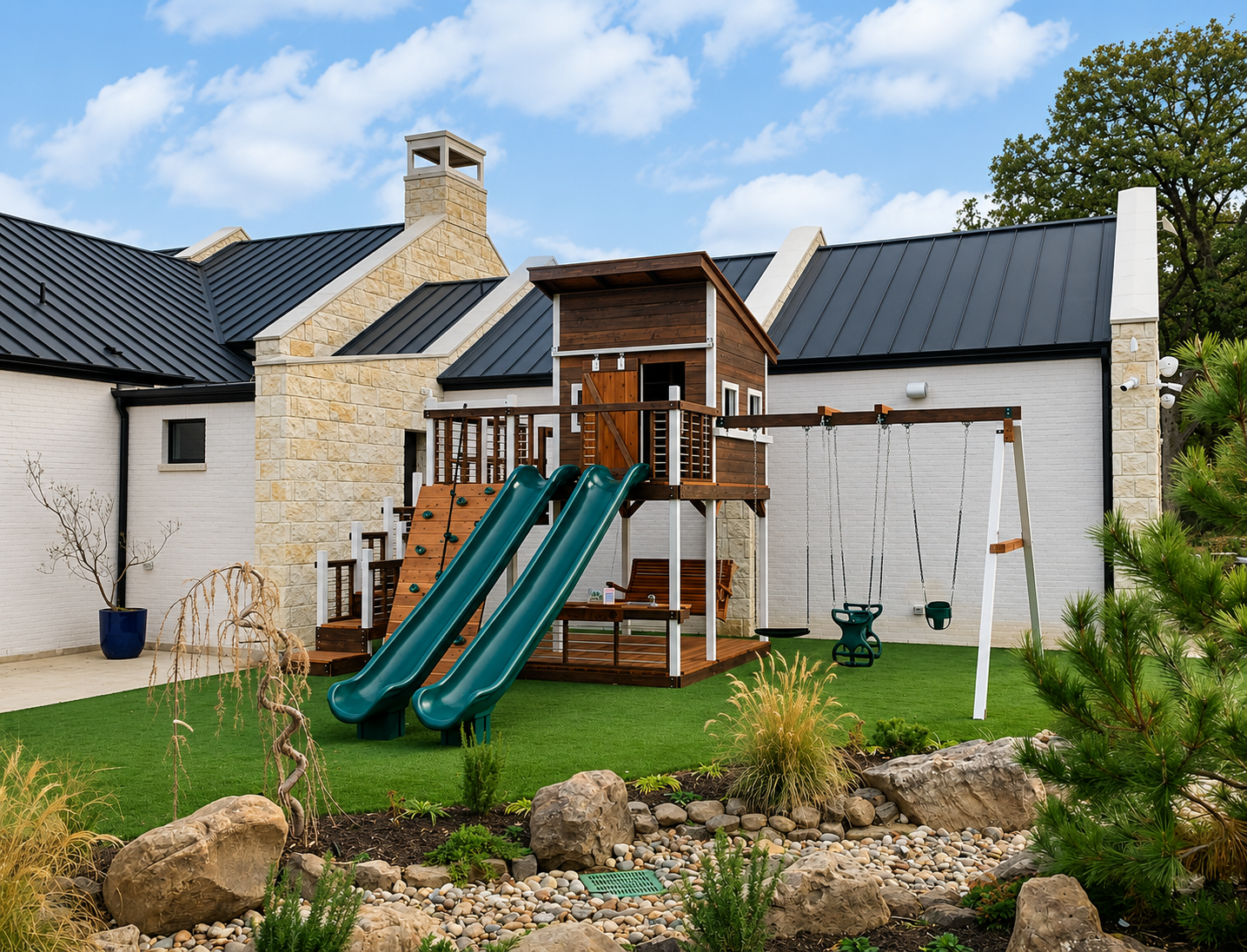 Custom Modern Design California redwood playset in Keller, Texas by Backyard Fun Factory featuring a modern upper cabin, wrap around Fun Deck, dual wave slides, platform steps, toddler swing, belt swing, adult porch swing, and professional installation for families throughout Keller and Tarrant County.