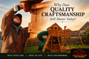 Backyard Fun Factory craftsman building a handcrafted California redwood playset designed to last for generations.