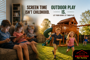 Children enjoying the outdoor play benefits on a custom California redwood Backyard Fun Factory playset.