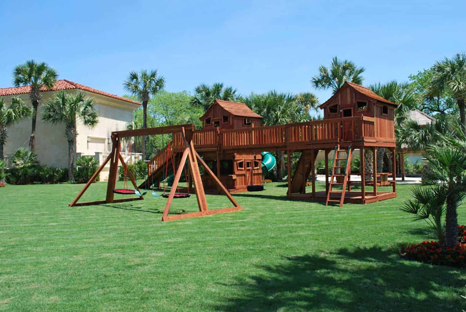 Swing Set Argyle, Texas, bridged ticonderoga redwood playsets with lemonade stand, picnic table, cabins, ramps, boardwalk, and slides